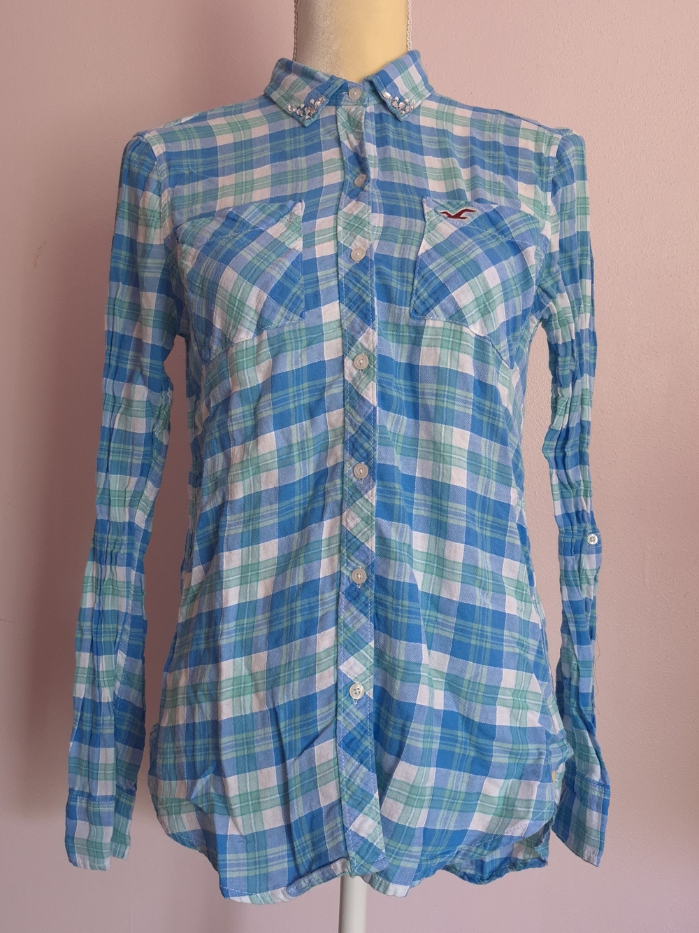 Vintage Y2K Hollister Blue / Green Plaid Button-Down Shirt Rhinestone Small